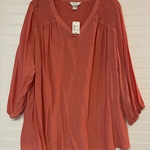 CJ Banks Women's Plus 3X Coral Tunic Blouse Shoulder Pleats 3/4 Sleeves